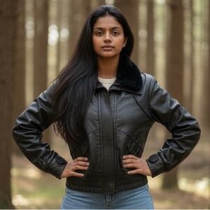 Development by Phillip Lim Black Leather Motorcycle Jacket w/ Fur Collar 6 Small